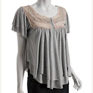 Free People heather grey jersey yoke lace top